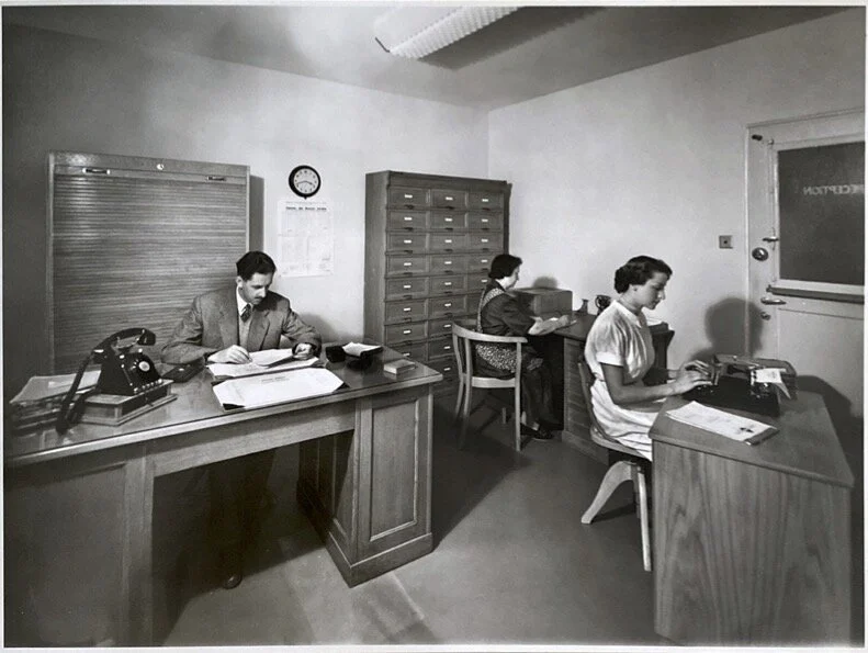 Benedict Watch Factory office, circa 1950s — Boris Z. on left